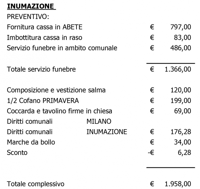 Listino prezzi completo - Onoranze Funebri Milano