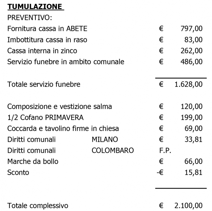Listino prezzi completo - Onoranze Funebri Milano